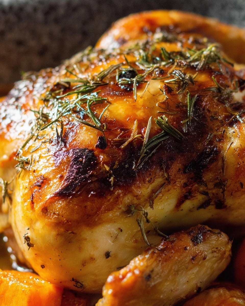 A close-up view of a roasted chicken with golden-brown, crispy skin topped with scattered, dried dark green herbs. The chicken’s surface has a shiny texture with some darker, caramelized spots. The background shows a soft white marbled texture. photo taken with an iphone --ar 4:5 --v 7