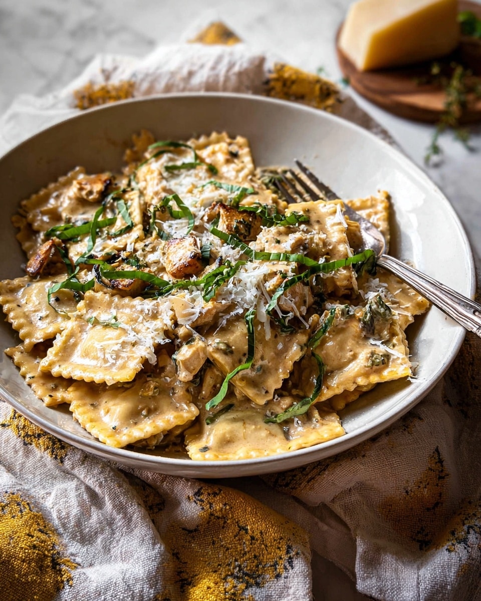 A white bowl filled with square ravioli pasta in a creamy light brown sauce mixed with light brown grilled chicken pieces. The dish is topped with thin strips of fresh dark green basil and a sprinkle of finely grated white cheese. A silver fork rests inside the bowl on the right side. The bowl sits on a soft towel with yellow and gray patterns, all placed on a white marbled surface. Photo taken with an iphone --ar 4:5 --v 7