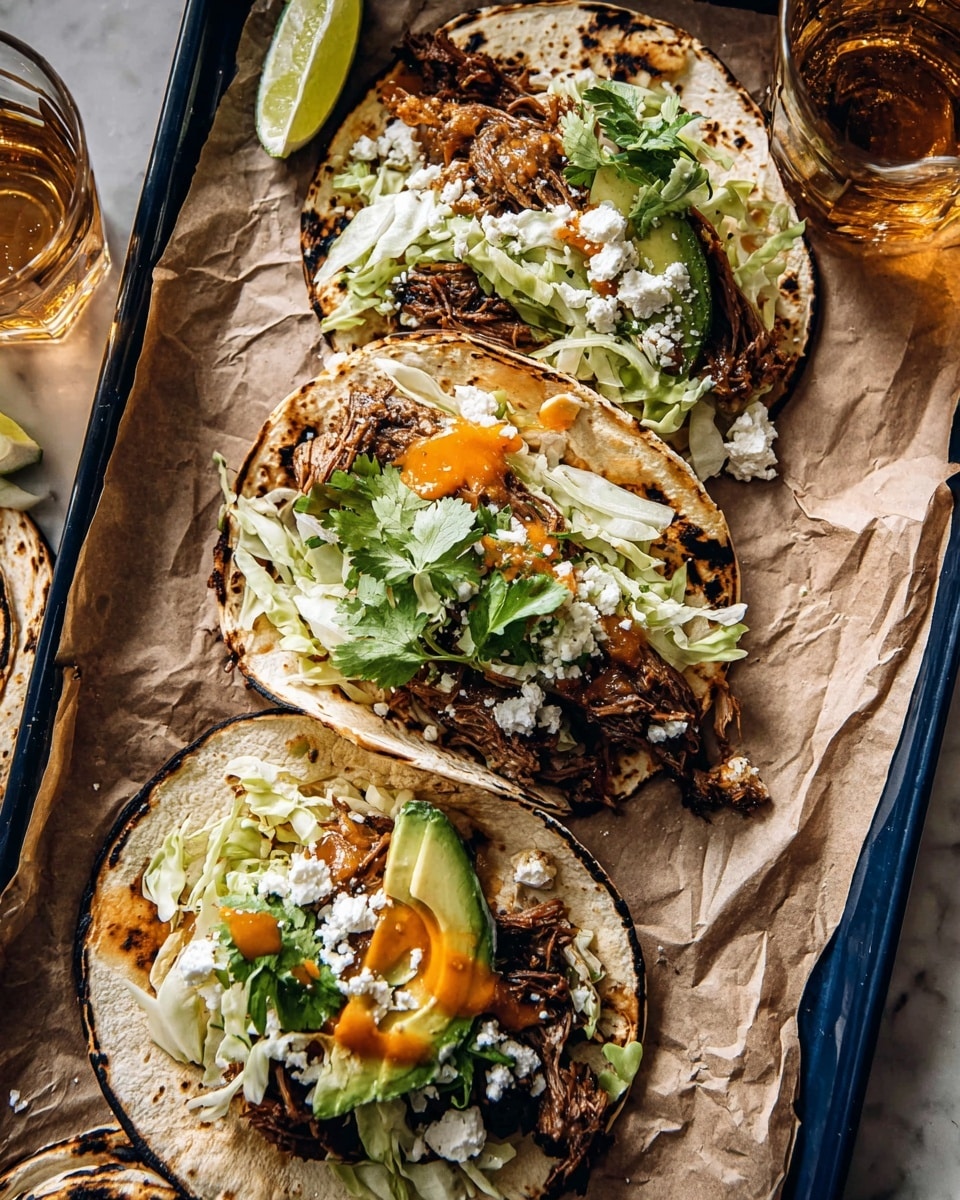 Three tacos are placed on white tortillas with charred spots, laid on brown parchment paper atop a dark blue tray set on a white marbled texture. Each taco has a layer of shredded light green cabbage at the bottom, followed by a layer of dark brown shredded meat. On top of the meat are slices of light green avocado, white crumbled cheese, green cilantro leaves, and thin bright green onion slices. A few dollops of orange sauce add a vibrant touch on the meat and vegetables. Two glasses with a light amber drink, a half lime, and an extra stack of tortillas are visible near the tray. Photo taken with an iphone --ar 4:5 --v 7