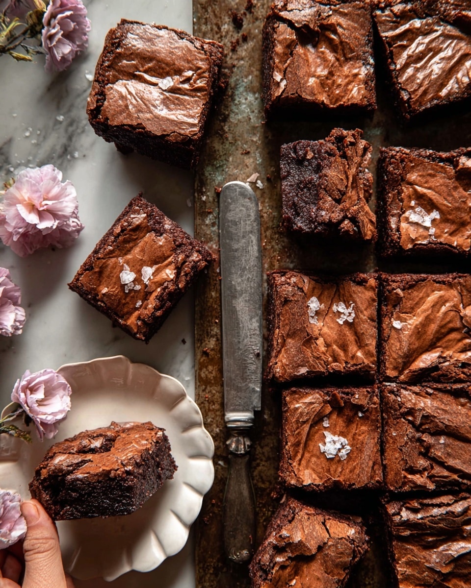 The image shows many square chocolate brownies with a shiny, crackled top crust, each piece thick with a dense, fudgy texture inside. Some brownies have light flakes of salt on their tops, adding a touch of contrast. They are arranged on a rustic metal surface with a large knife placed vertically through the center. A white scalloped-edged plate in the lower left corner holds a few brownies, one of which is held by a woman's hand showing its rich, moist interior. There are light pink flowers scattered around, adding a soft decorative touch. The background is a white marbled texture photo taken with an iphone --ar 4:5 --v 7