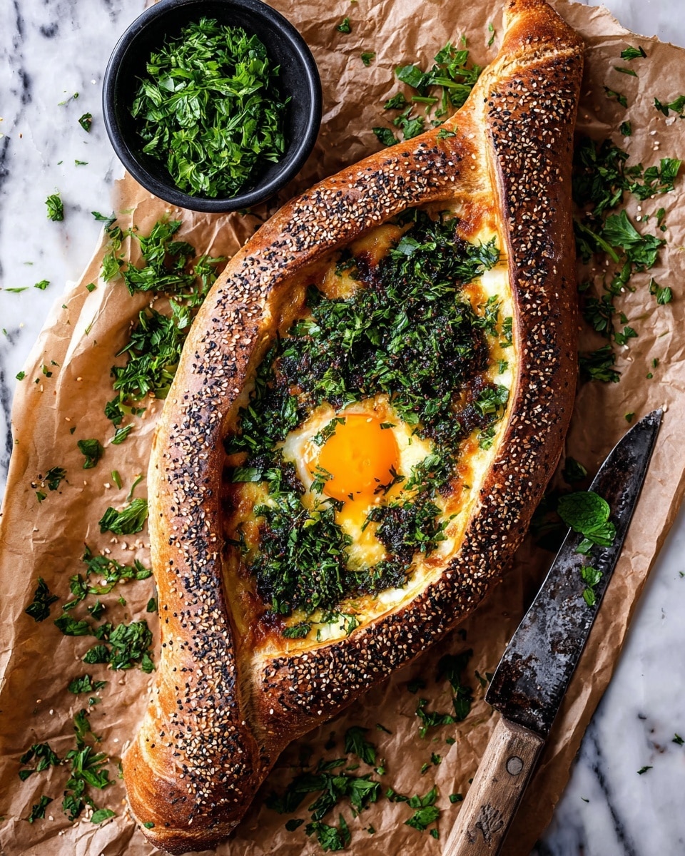 A boat-shaped bread with a golden-brown crust covered in sesame seeds forms the base, slightly puffed and thick around the edges. Inside, there is a layer of melted cheese, creamy white and spread evenly. On top of the cheese, finely chopped green herbs are scattered all over, giving a fresh and vibrant look. Near the center, a bright yellow egg yolk sits, slightly sunken into the cheese and herbs. The dish rests on parchment paper with scattered herbs around, next to a small black bowl filled with more chopped fresh green herbs. A wooden-handled knife lies to the side with bits of herbs nearby. The background is a white marbled texture. Photo taken with an iphone --ar 4:5 --v 7