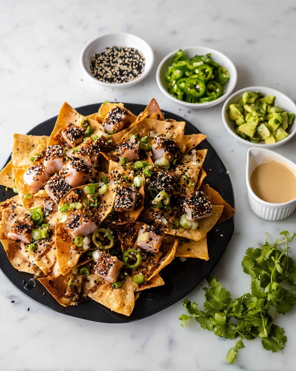 A wide, flat black plate holds a stack of crispy, golden-brown triangular chips topped with small cubes of seared fish covered in black and white sesame seeds, scattered evenly over the chips. Above the plate are three small white bowls, each containing a different garnish: one with black and white sesame seeds mixed, one with bright green sliced jalapeños, and one with chopped avocado and sliced green onions. To the right side near the bowls, there is a small white cup filled with a creamy sauce and some fresh green cilantro leaves lying next to it on a white marbled surface. photo taken with an iphone --ar 4:5 --v 7