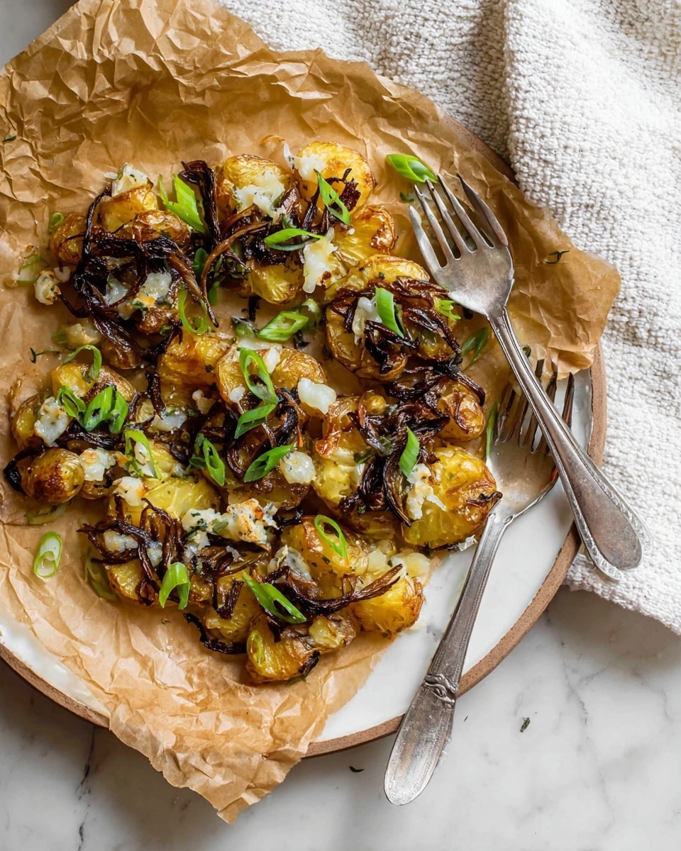 A white plate lined with crumpled brown parchment paper holds a single layer of smashed golden-brown roasted potatoes, with crispy edges and soft mashed centers. The potatoes are topped unevenly with thin dark caramelized onion strips and scattered small chunks of melted white cheese. Bright green sliced scallions are sprinkled over the top, adding a fresh pop of color. A silver spoon and fork lie on the right side of the plate, resting on the parchment. The plate sits on a white marbled surface, and a white textured cloth is partly visible in the background. photo taken with an iphone --ar 4:5 --v 7