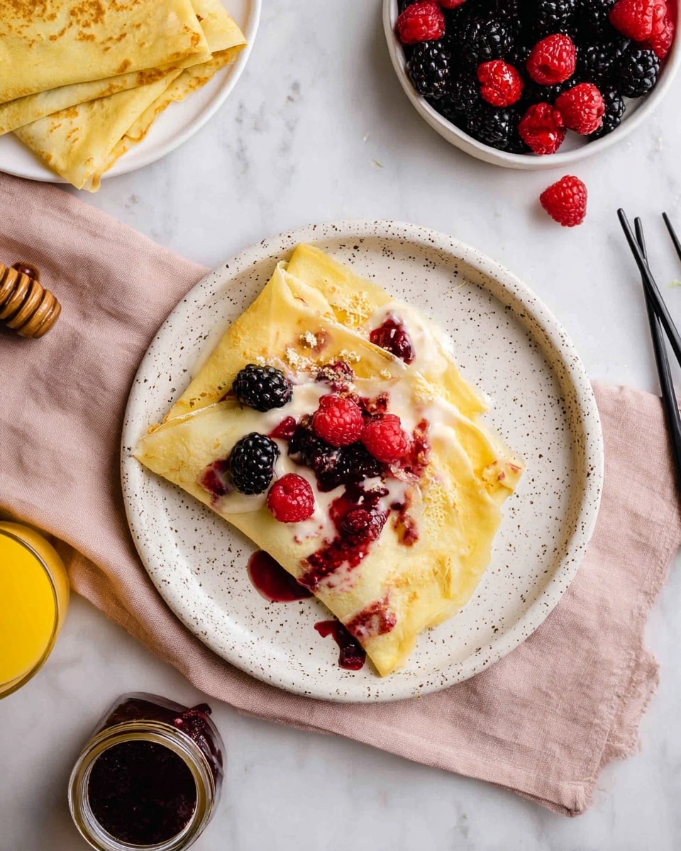 A close-up of two folded, thin, light yellow crepes placed on a white speckled plate, layered with white creamy sauce and bright red berry jam peeking from the edges, topped with red raspberries and black blackberries scattered across the crepes. The plate sits on a soft light pink cloth on a white marbled surface. To the left, there is a white plate with more light yellow crepes and a small white bowl filled with dark berry jam. Nearby, a glass jar with honey and a honey dipper is visible. On the right side, a small white plate holds fresh blackberries and raspberries, and a glass of orange juice is partially visible. Pairs of black chopsticks are also seen at the bottom right. Photo taken with an iphone --ar 4:5 --v 7