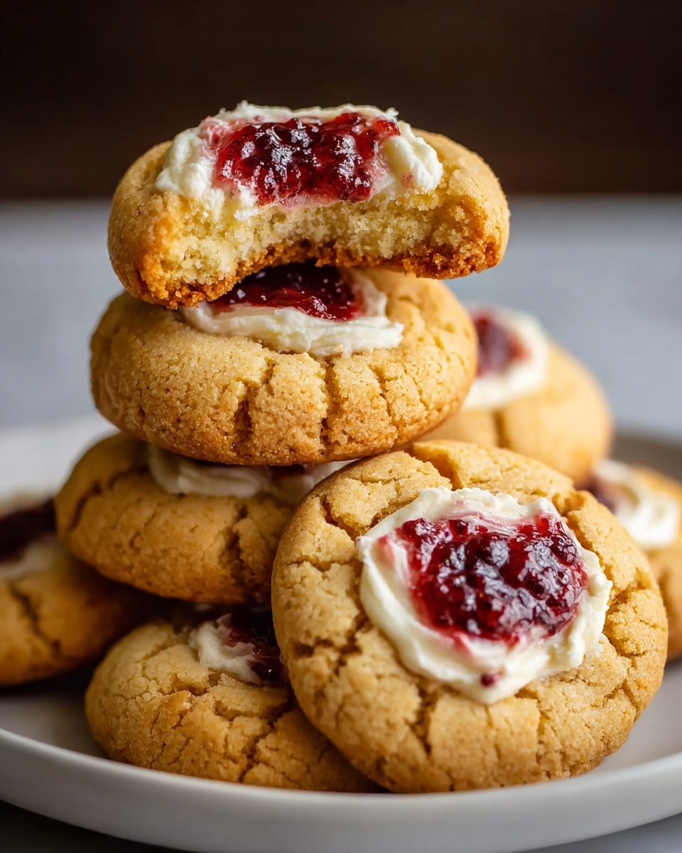 A white plate holds five soft cookies with a light golden brown color and a slightly cracked surface texture. Each cookie has a dollop of white cream cheese in the center topped with a glossy deep red berry jam that looks slightly sticky. One cookie is broken in half and placed on top, showing a soft, crumbly interior with swirls of white cream cheese and red jam inside. The plate is set on a white marbled surface that contrasts with the cookies' warm tones. photo taken with an iphone --ar 4:5 --v 7