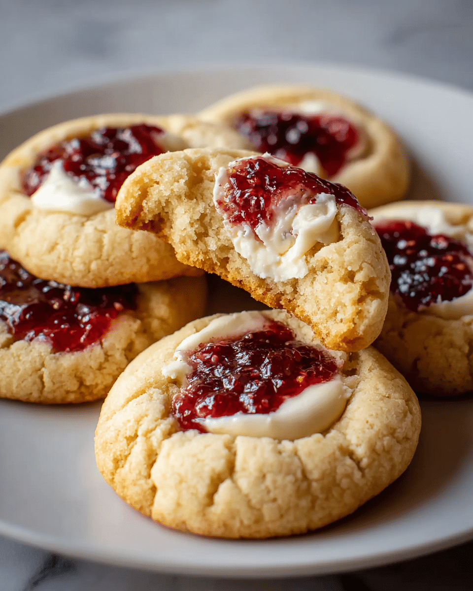 A stack of five golden-baked thumbprint cookies sits on a white plate on a white marbled surface, each cookie filled with a creamy white layer topped with a glossy red berry jam. The cookies have a soft, slightly crumbly texture with cracks on the surface, and one cookie is held up showing a bite taken out, revealing a moist, buttery inside with swirls of the creamy filling and jam. The jam appears thick with a chunky texture, contrasting with the smooth cream and the warm golden dough beneath. photo taken with an iphone --ar 4:5 --v 7
