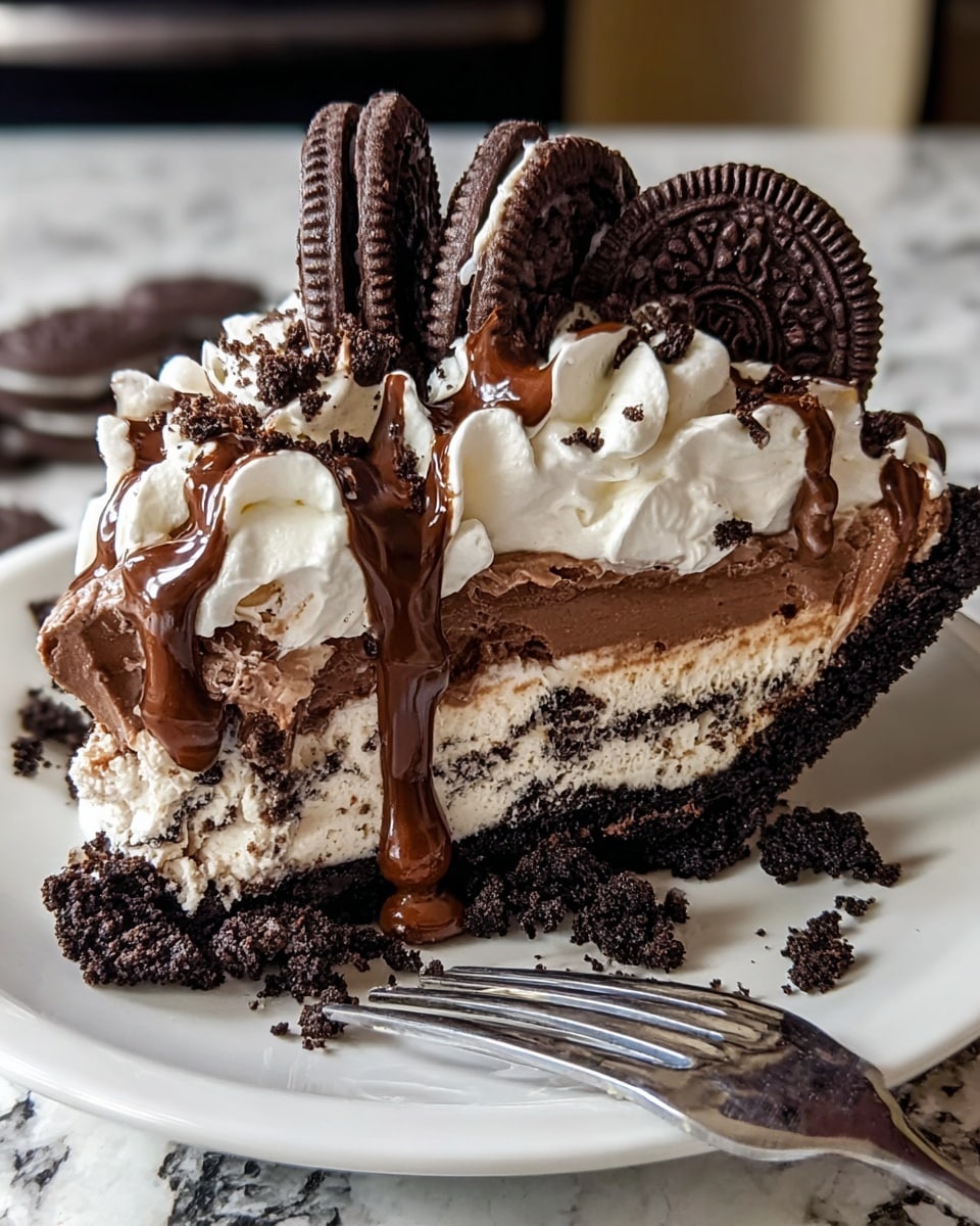 A slice of layered Oreo chocolate cream pie sits on a white plate with a fork beside it. The bottom layer is a thick, crumbly dark Oreo crust, topped by two layers of white creamy filling with crushed Oreos inside. Above the filling is a thick layer of shiny, dripping milk chocolate. On top, there is a large swirl of white whipped cream with more milk chocolate drizzled over it. Several whole Oreo cookies are placed decoratively on the whipped cream, with some crumbs scattered on the plate. The background shows a white marbled surface. Photo taken with an iphone --ar 4:5 --v 7
