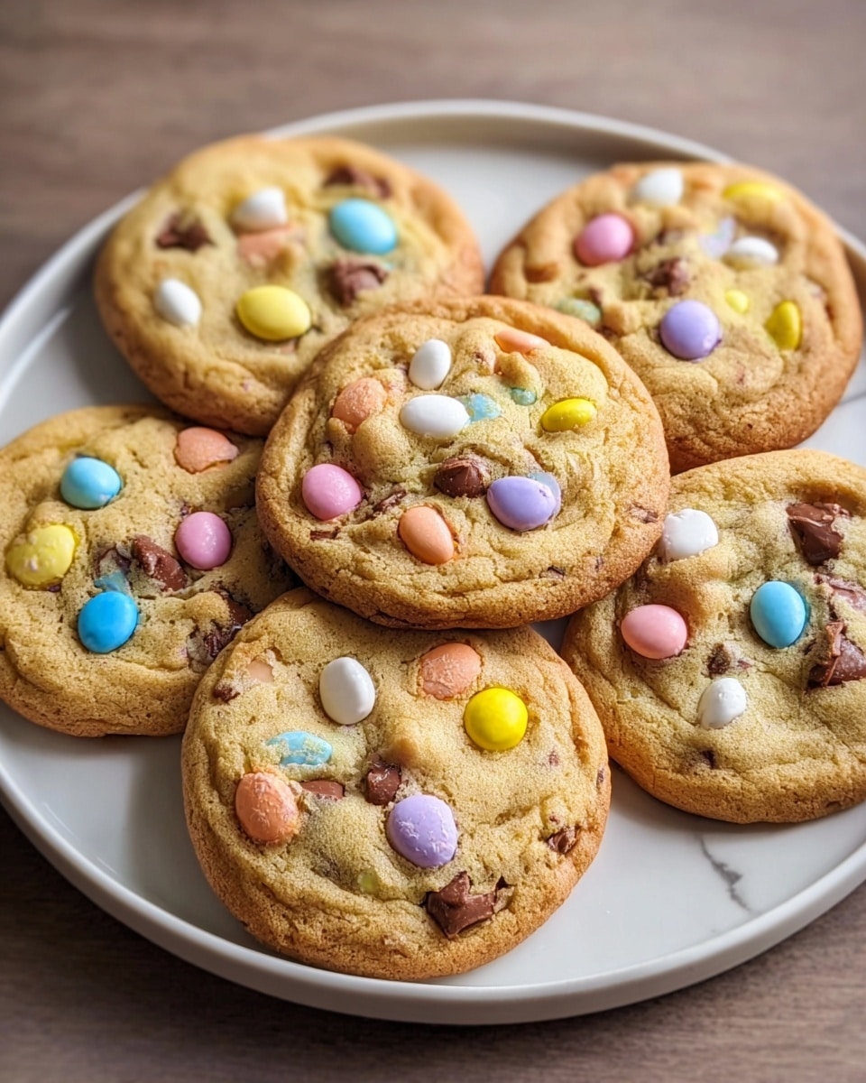 A white plate holds seven freshly baked cookies with a golden brown edge and a soft, light brown center. Each cookie is studded with smooth pastel-coated candy pieces in yellow, pink, blue, white, purple, and orange, along with melted milk chocolate chips giving a melty texture. The candies are scattered unevenly on the surface, adding bright spots of color over the bumpy cookie dough. The plate is placed on a white marbled texture surface. photo taken with an iphone --ar 4:5 --v 7