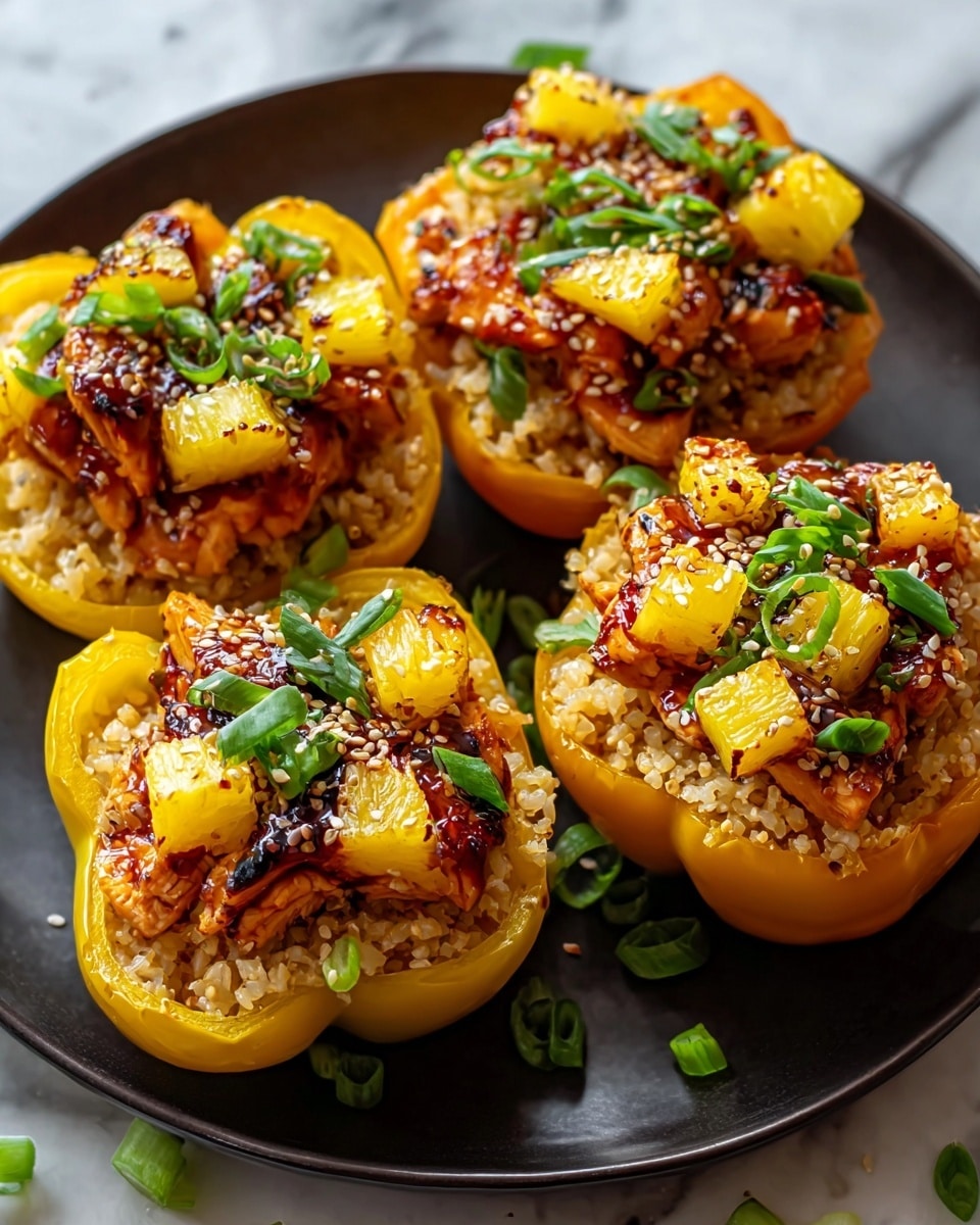 The image shows five yellow bell pepper halves placed on a dark plate, each stuffed with a layered filling. The base layer is light brown cooked rice, topped with grilled pieces of chicken that have a shiny glaze ranging from deep red to darker charred spots. On top of the chicken, there are bright yellow grilled pineapple chunks, adding a fresh look. The dish is sprinkled with small white sesame seeds and chopped green onions, giving a pop of color and texture contrast. The plate is set on a white marbled surface with some scattered green onion pieces around it. photo taken with an iphone --ar 4:5 --v 7