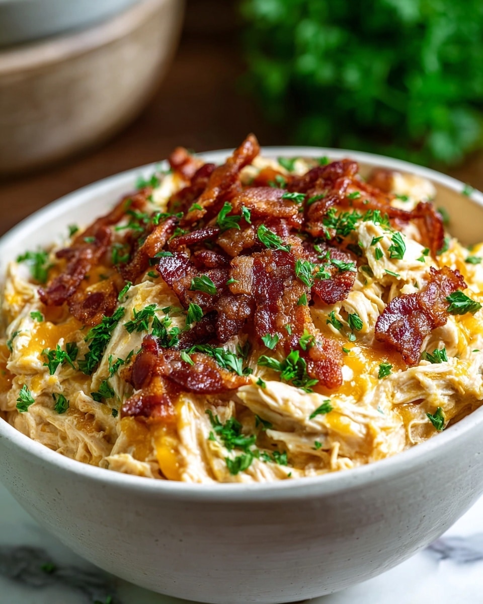 A close-up of a white bowl filled with creamy shredded chicken mixed with melted cheese as the first layer, topped with crispy dark red-brown bacon pieces scattered unevenly on the surface as the second layer, and finished with green chopped parsley sprinkled lightly on top. The bowl sits on a white marbled surface with a blurred green plant and another bowl in the background. photo taken with an iphone --ar 4:5 --v 7