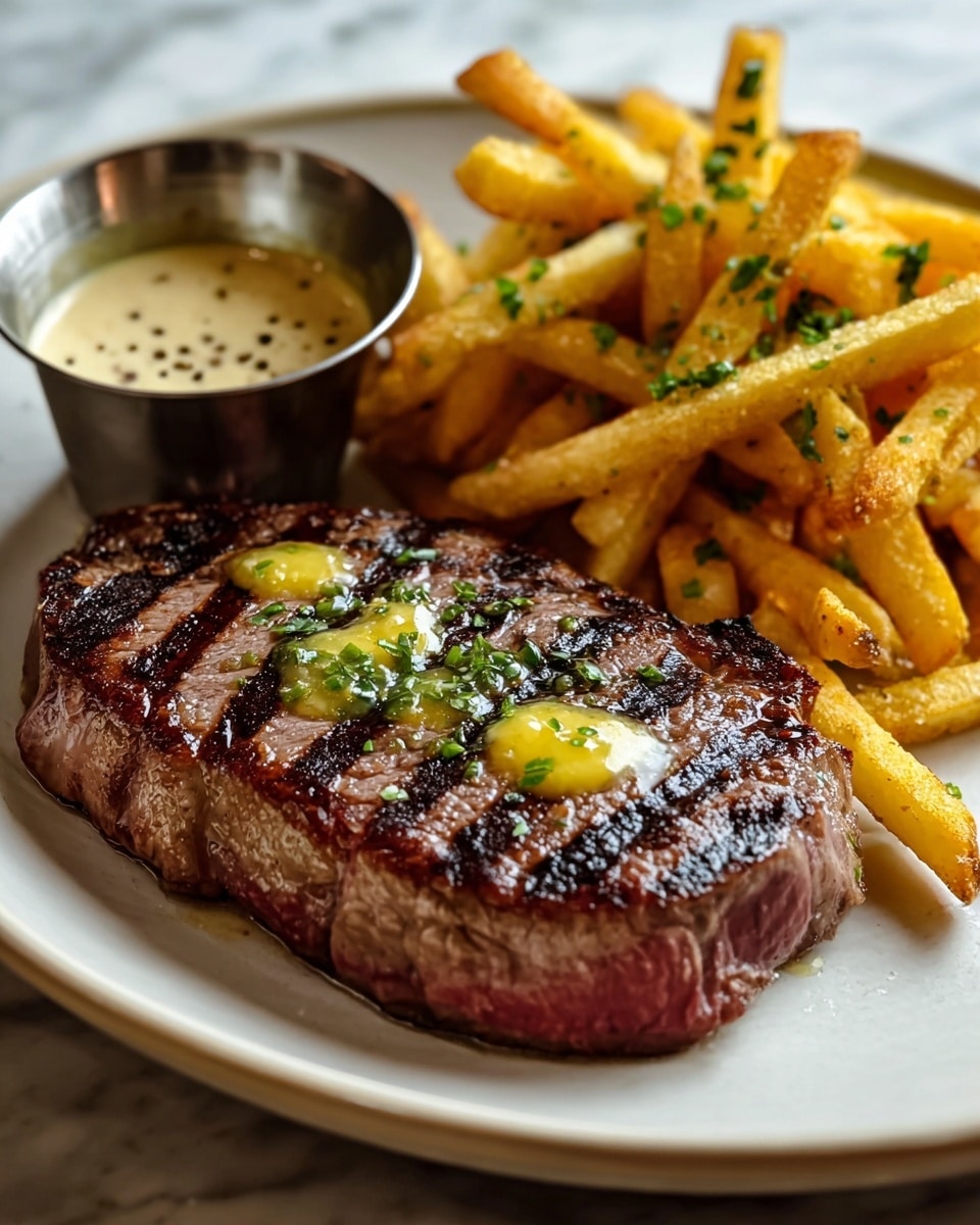 A white plate holds a thick grilled steak with three dark brown char lines across its juicy reddish-brown surface, topped with small melted yellow butter spots and green chopped herbs scattered on top. Next to the steak, there is a pile of golden yellow fries with a crispy texture, sprinkled with small green herb bits. To the left of the steak and fries, a small silver metal cup contains light beige creamy sauce with small green and black seasoning pieces on top. The plate sits on a white marbled texture surface. photo taken with an iphone --ar 4:5 --v 7