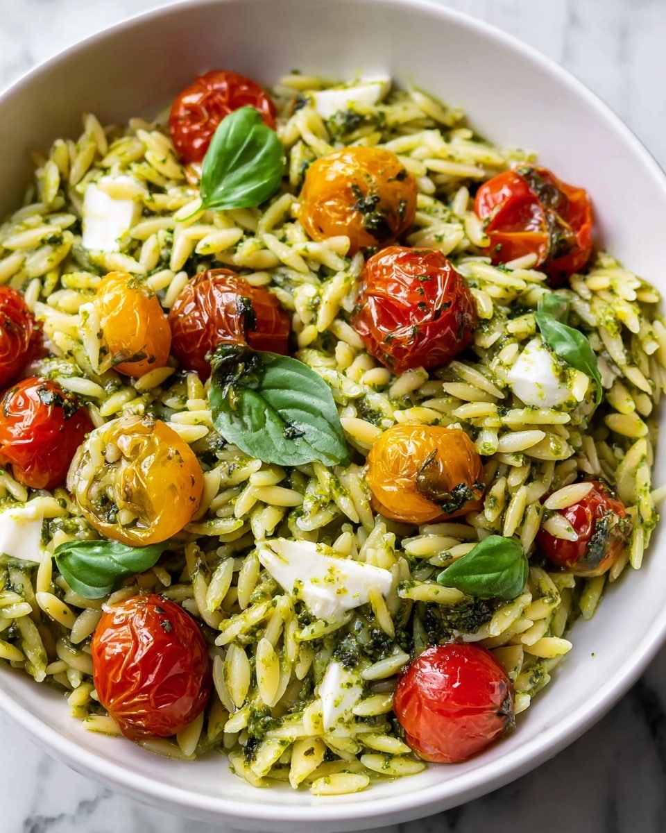 A white bowl filled with a colorful orzo pasta dish sits on a white marbled texture. The first layer shows small orzo pasta coated in bright green pesto sauce, giving a slightly oily and textured look. Scattered throughout are whole roasted cherry tomatoes in vibrant red and golden yellow colors, some slightly wrinkled from roasting. Small chunks of white cheese are mixed among the pasta, adding contrast. Fresh green basil leaves are placed on top, adding a fresh element to the dish. The mixture looks fresh and flavorful, with each ingredient clearly visible and layered evenly throughout. Photo taken with an iphone --ar 4:5 --v 7