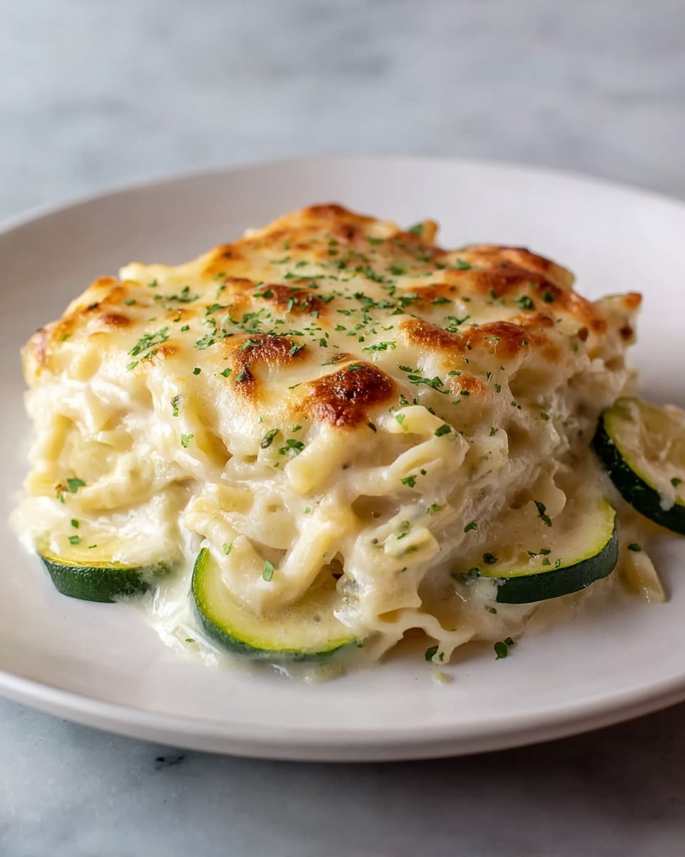 A creamy baked pasta dish sits in the center of a white plate on a white marbled surface, featuring two visible layers: the bottom layer has tender pasta mixed with slices of green zucchini, coated in a smooth, white cheese sauce; the top layer is covered with melted, golden-brown cheese, slightly crisp around the edges and sprinkled with finely chopped green herbs, giving the dish a rich and comforting look. photo taken with an iphone --ar 4:5 --v 7