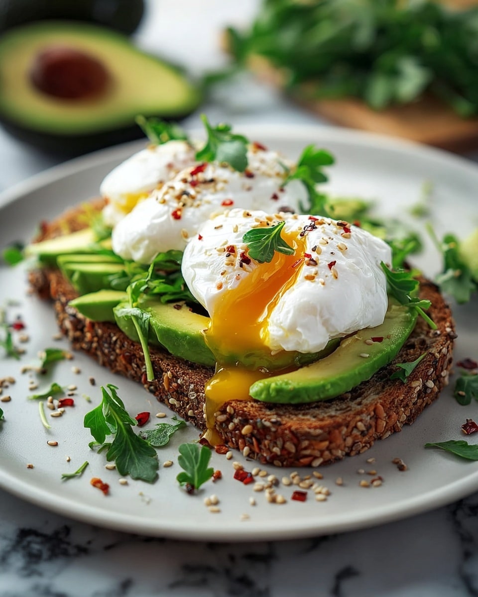 A toasted slice of dark brown, seeded whole grain bread forms the base layer, topped with bright green, evenly sliced avocado pieces arranged side by side. On top of the avocado are two soft, white poached eggs with runny, golden yellow yolks slightly oozing out, sprinkled with red chili flakes and sesame seeds. Fresh green herbs, likely parsley, add color on top and around the plate. The dish is served on a white plate with avocado slices and small leafy greens scattered nearby, all placed on a white marbled surface. photo taken with an iphone --ar 4:5 --v 7