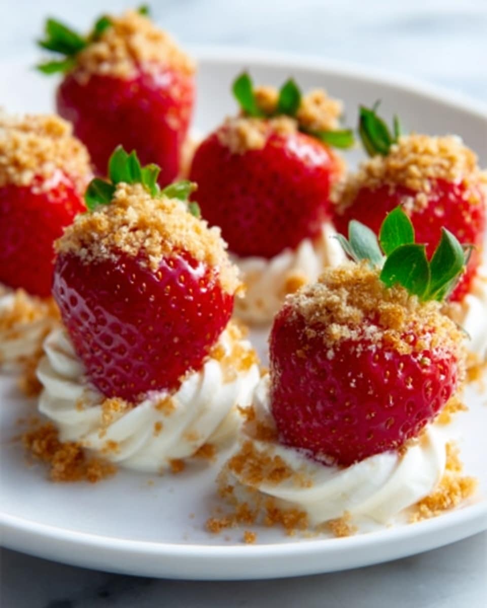 The image shows a white plate with six red strawberries placed upright. Each strawberry is topped with a golden crumb layer, giving a crunchy texture on top. Below the strawberries, there is a swirl of white cream that looks smooth and thick, acting as a base to hold each strawberry in place. The strawberries have fresh green leaves at the top, adding a bit of color contrast. The surface under the plate is a white marbled texture. Photo taken with an iphone --ar 4:5 --v 7