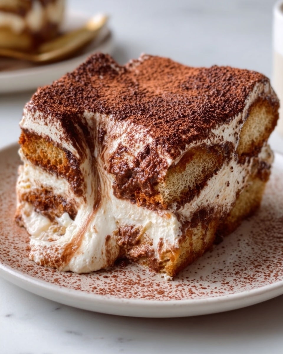 The image shows a thick slice of tiramisu on a white plate. It has several visible layers, starting with a light brown soaked sponge base at the bottom, followed by a creamy white mascarpone layer. On top of that is a darker coffee-soaked sponge layer sprinkled with cocoa powder. The mascarpone cream is soft and partly melting down the sides. The cocoa powder coating adds a fine, dark texture on top. The background is a white marbled surface. Photo taken with an iphone --ar 4:5 --v 7