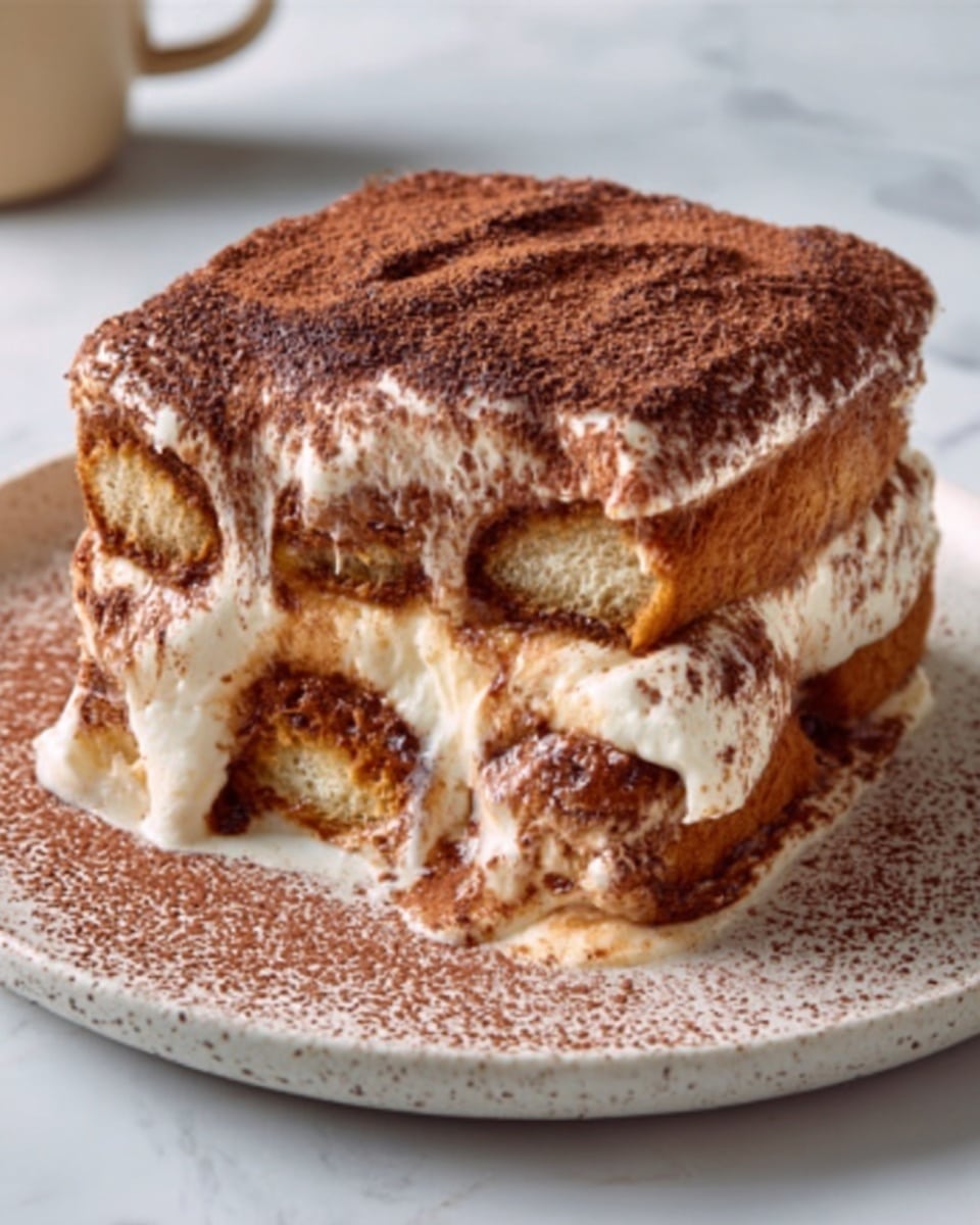 The image shows a thick slice of tiramisu on a white plate with a speckled rim, placed on a white marbled surface. The dessert has multiple layers: at the bottom, there is a layer of soaked ladyfinger biscuits visible with a light brown color, topped by a thick layer of creamy, white mascarpone cheese that looks soft and smooth. Above this is another layer of soaked ladyfingers, then more creamy mascarpone peeking from the sides, with a generous dusting of dark cocoa powder covering the top. The creamy layers are slightly melting and flowing over the edges of the dessert, adding a rich and moist texture look. The slice looks very soft and freshly cut, showing the inside layers clearly. Photo taken with an iphone --ar 4:5 --v 7