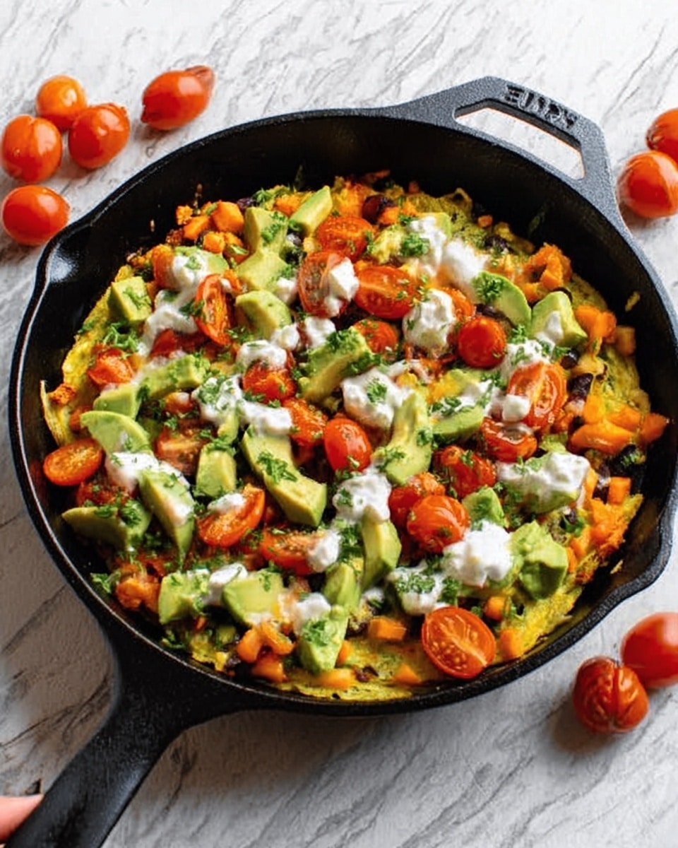 The image shows a black cast iron skillet filled with a vibrant mixed dish. The bottom layer is a golden-yellow cooked base, topped with chopped green avocado pieces and sliced cherry tomatoes scattered across. There are small bright orange chunks mixed in, along with dollops of white creamy sauce spread unevenly on top. The skillet sits on a white marbled surface with a few whole cherry tomatoes nearby. A woman's hand is holding the skillet's handle. Photo taken with an iphone --ar 4:5 --v 7