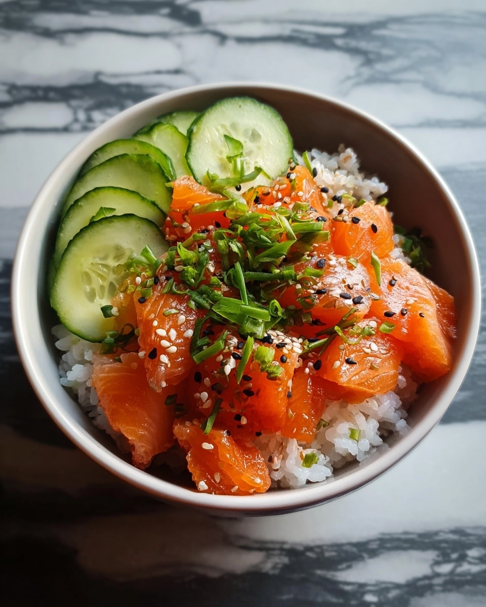 A white bowl holds a layered meal starting with a base of white rice at the bottom, topped with several pieces of bright orange salmon sashimi arranged in the center. On one side of the salmon, there are thin, round slices of light green cucumber. The salmon pieces are sprinkled with small black and white sesame seeds and garnished with chopped green onions. The bowl sits on a white marbled surface. photo taken with an iphone --ar 4:5 --v 7