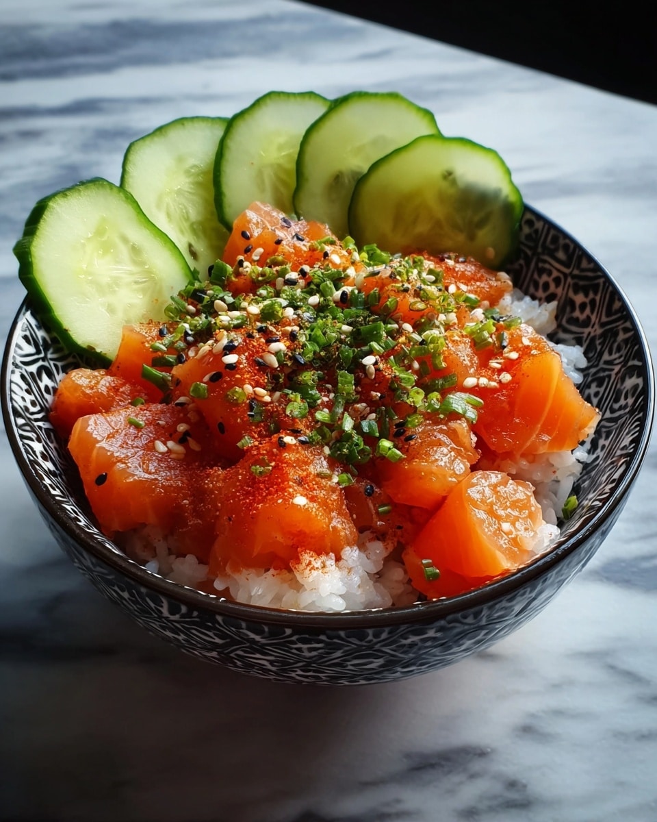 A black bowl with white patterns holds a dish with three layers: at the bottom is a bed of white sticky rice, above it are chunks of bright orange raw salmon sprinkled with black and white sesame seeds and chopped green herbs, and to the side are thin green cucumber slices arranged overlapping. The salmon pieces have a slightly glossy texture and are dusted with a light red spice. The bowl is placed on a white marbled surface. photo taken with an iphone --ar 4:5 --v 7