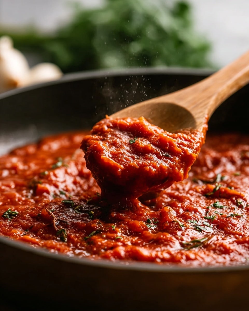 The image shows a close-up of a pan filled with thick, chunky red tomato sauce, with visible bits of herbs and small pieces of vegetables mixed in. A wooden spoon is scooping some of the sauce, lifting it above the pan. The sauce looks rich and steamy, with small drops of oil or moisture giving it a glossy texture. The background is softly blurred with green and neutral tones, and the scene is set on a white marbled surface. photo taken with an iphone --ar 4:5 --v 7