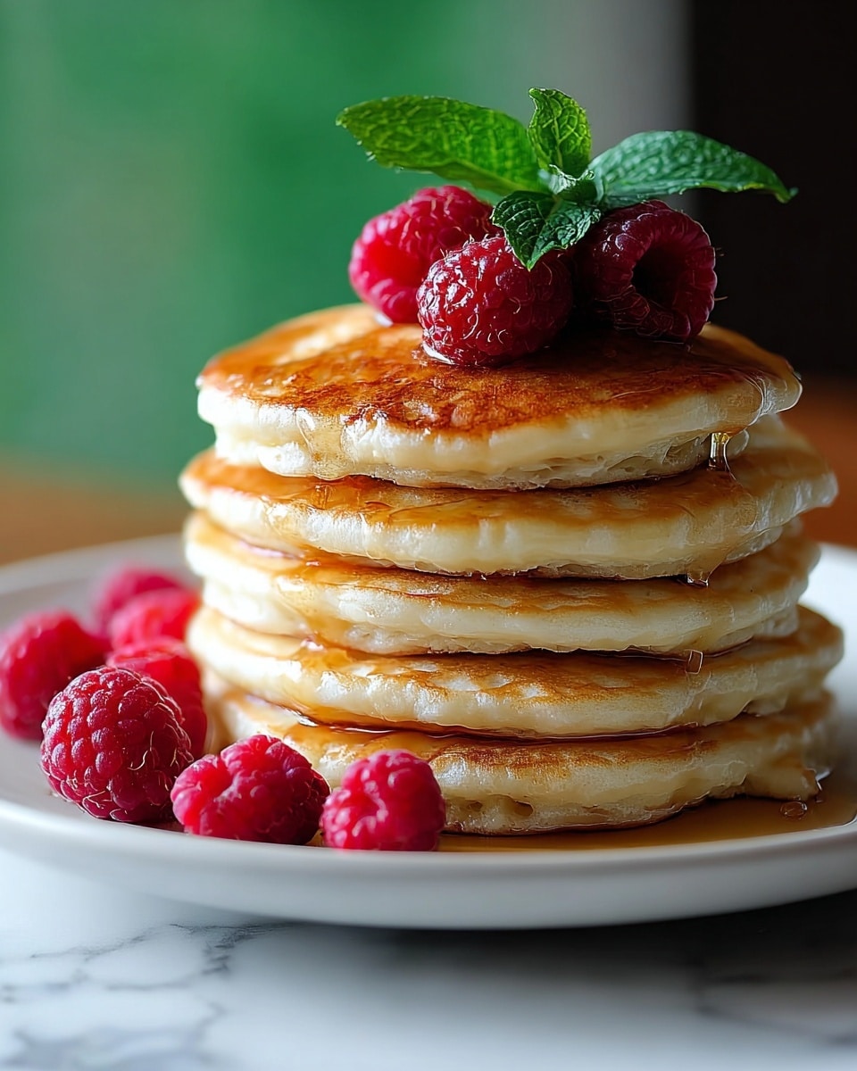 A tall stack of five golden-brown pancakes sits on a white plate, each pancake showing light and darker shades of golden color, with soft, fluffy texture and slightly uneven edges. On top, a few bright red raspberries are nestled closely together, with some raspberries scattered around the base of the stack on the plate. A glossy layer of amber syrup is poured over the pancakes, dripping down the sides and pooling lightly on the plate. At the very top rests a fresh green mint leaf, adding a pop of vibrant color. The scene rests on a white marbled surface with a blurred green background. photo taken with an iphone --ar 4:5 --v 7