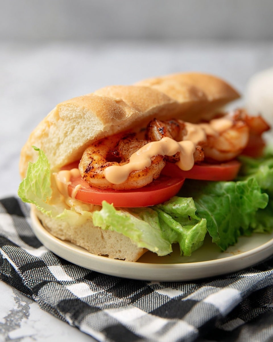 A sandwich is shown on a white plate, which rests on a black and white checkered cloth on a white marbled surface. The sandwich has four visible layers: the base is a soft, slightly torn light beige bun with a porous texture; on top of the bun is bright green leafy lettuce, fresh and slightly curled; above the lettuce are two slices of red tomato, smooth and juicy; the top layer consists of grilled shrimp with a slightly charred texture, covered by a light orange creamy sauce that drips slightly over the shrimp. The background is softly blurred with a light tone. Photo taken with an iphone --ar 4:5 --v 7