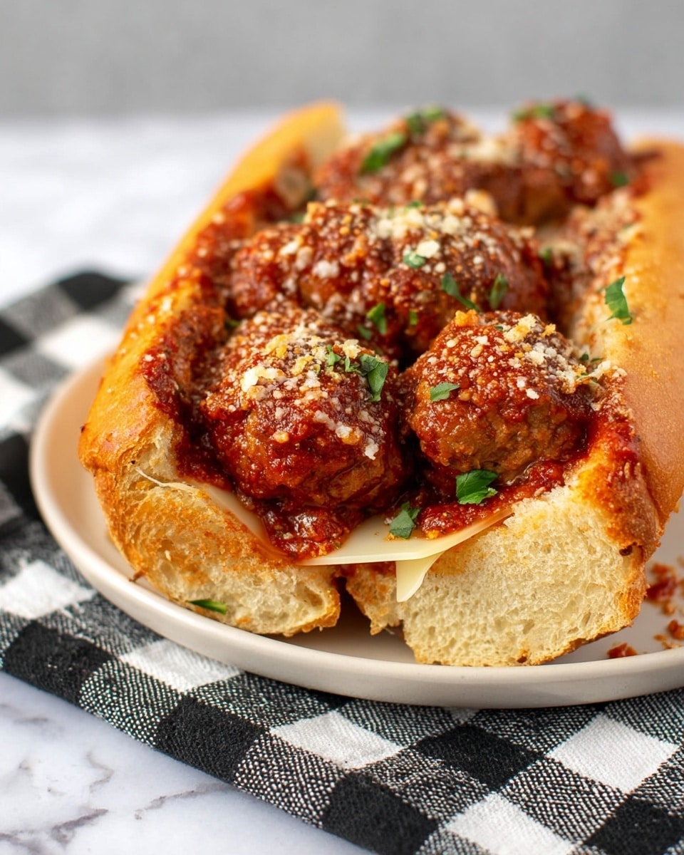 A close-up view of a meatball sandwich on a white plate, placed on a black and white checkered cloth over a white marbled surface. The sandwich has a soft, golden brown hoagie roll sliced open to reveal several meatballs covered in thick, rich, red tomato sauce. The meatballs are generously sprinkled with grated cheese and garnished with small green parsley leaves. Underneath the meatballs, there are thin slices of pale yellow melted cheese lining the bottom of the sandwich. Photo taken with an iphone --ar 4:5 --v 7