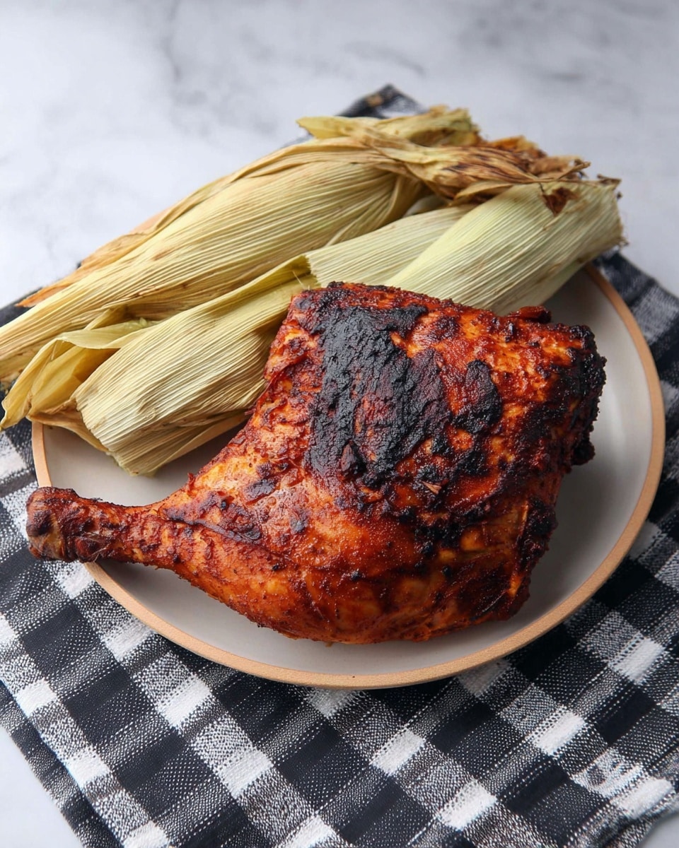 A large piece of grilled chicken leg with a dark, crispy, reddish-brown charred skin sits on the bottom layer of a round white plate, next to it on the top layer are dried corn husks in light green and pale yellow shades with rough texture. The plate rests on a black and white checkered cloth on a white marbled surface. Photo taken with an iphone --ar 4:5 --v 7