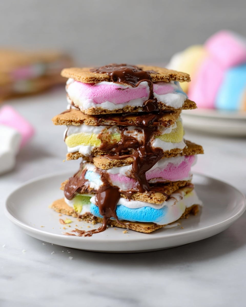 A tall stack of six layers of golden-brown graham crackers alternates with layers of colorful, melted marshmallows in pink, white, yellow, and blue, along with drippy, glossy brown chocolate. Each marshmallow layer oozes between the graham crackers, with some chocolate flowing over the sides, creating a messy and inviting texture. The stack sits on a plain white plate, placed on a white marbled surface, with a blurred white plate and pastel-colored marshmallow bags in the background. photo taken with an iphone --ar 4:5 --v 7