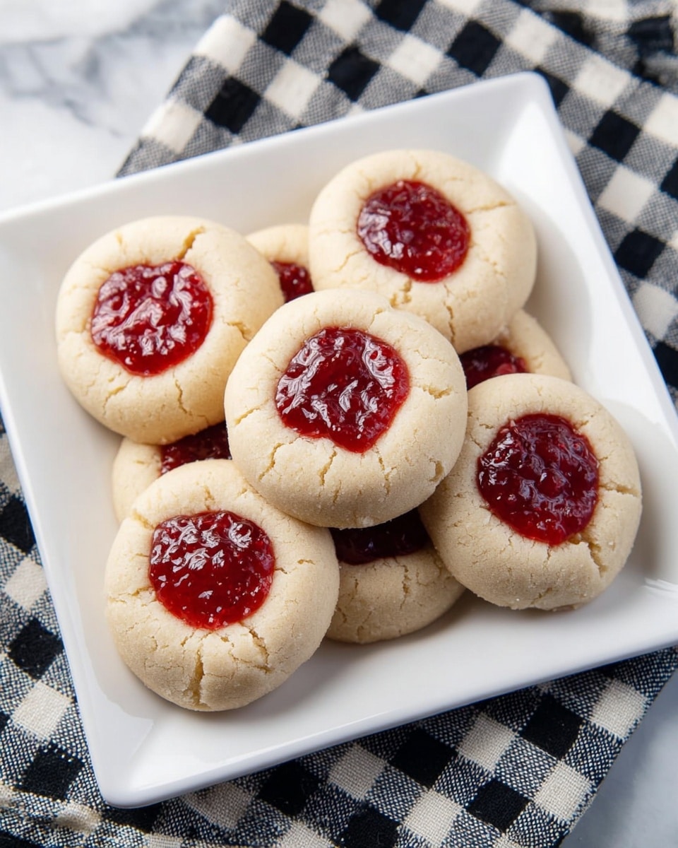 Seven round cookies with a light beige color are arranged on a white square plate. Each cookie has a smooth, slightly cracked surface and a dollop of bright red jam placed in a small circular depression in the center. The jam has a glossy, textured look with visible swirls. The plate is on a black and white checkered cloth, which is placed on a white marbled surface. photo taken with an iphone --ar 4:5 --v 7