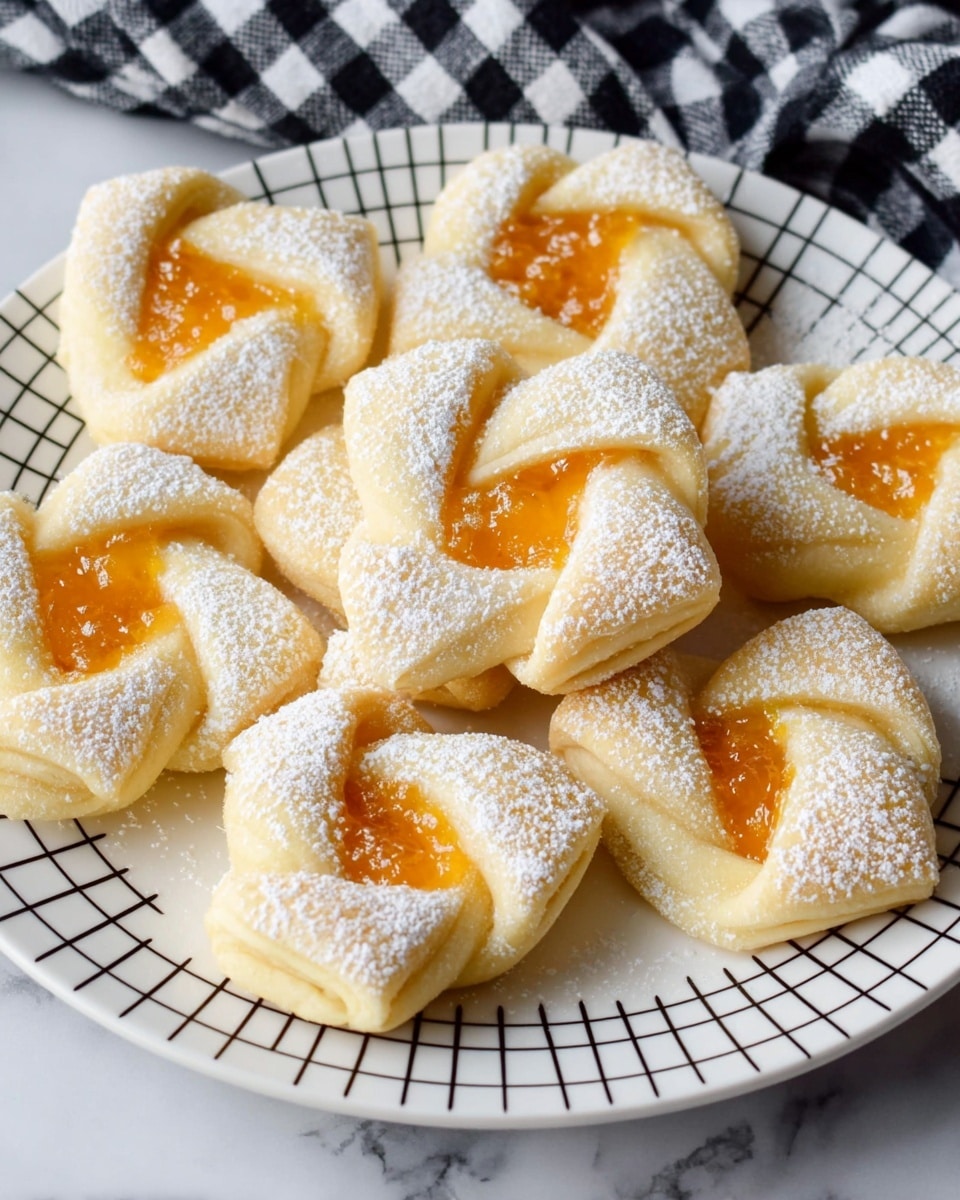 The image shows several pinwheel-shaped pastries arranged on a white plate with a black grid pattern. Each pastry has four triangular dough corners folded toward the center, revealing a bright orange jam layer underneath. The dough is light golden and soft in texture, dusted generously with fine white powdered sugar. The plate rests on a white marbled surface with a black and white checkered cloth partly visible beside it. The pastries appear fresh and inviting with a delicate, homemade look. photo taken with an iphone --ar 4:5 --v 7