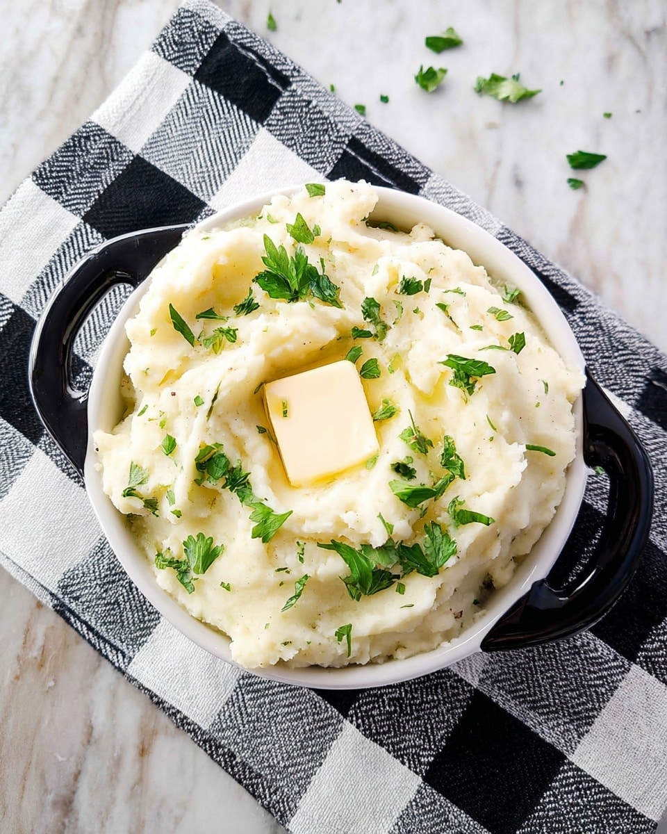 A white bowl with black handles holds a serving of creamy mashed potatoes, which look soft and fluffy with a slightly uneven texture. On top, a square slice of melting butter rests in the center, surrounded by small green parsley leaves scattered across the surface. The bowl sits on a black and white checkered cloth laid on a white marbled surface. photo taken with an iphone --ar 4:5 --v 7