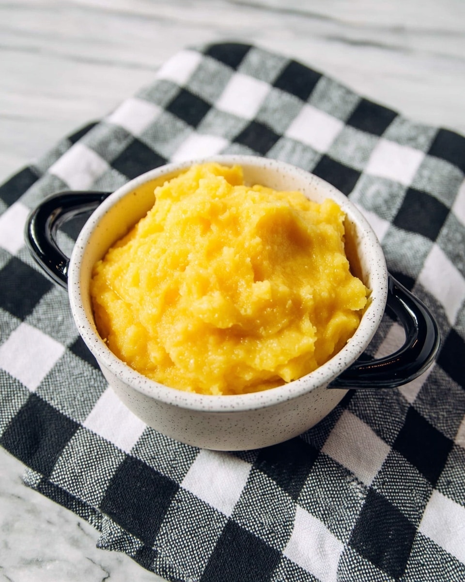 A close-up view of a small white speckled bowl with black handles filled with a bright yellow, smooth, and slightly chunky mashed mixture that has a glossy texture. The bowl sits on a black and white checkered cloth placed on a white marbled textured surface. The mashed mixture is piled high, covering the bowl's brim evenly without spilling over. Photo taken with an iphone --ar 4:5 --v 7