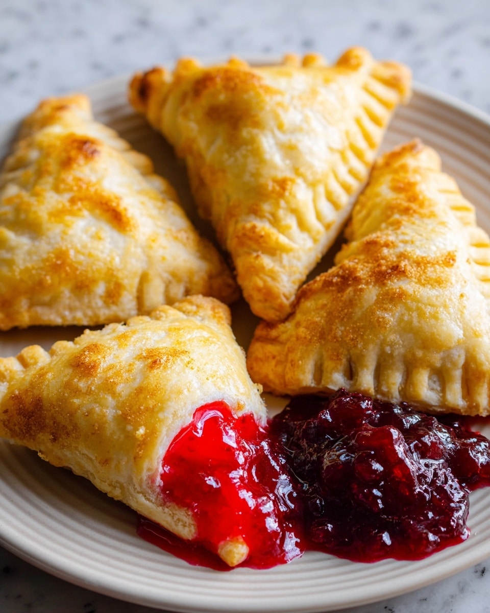 The image shows a white plate filled with five golden-brown triangular pastries that have a flaky and slightly puffed texture. One pastry in the front is cut open, revealing a bright red jam filling that looks thick and sticky, with some of the red berry jam spilled beside it on the plate. The plate sits on a white marbled surface, which adds a clean and simple background contrast to the warm colors of the pastries and jam. Photo taken with an iphone --ar 4:5 --v 7