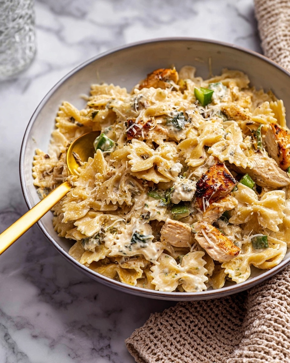 A bowl filled with creamy pasta made from many layers of bow-tie shaped pasta in light yellow, mixed with golden-brown grilled chicken pieces and small green vegetable chunks, all coated in a creamy white sauce. A few drops of grated cheese are scattered on top, and a thin golden spoon rests partially inside the bowl on the left side. The bowl is white with a subtle gray rim and sits on a white marbled surface, with a knit beige cloth visible at the bottom right corner. Photo taken with an iphone --ar 4:5 --v 7