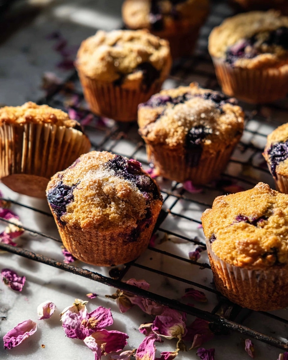 This image shows several golden brown blueberry muffins on a black cooling rack placed on a white marbled surface. The muffins have a textured crumbly top with visible dark blue and purple blueberry spots inside and on top. Some muffins are upright, while one in the center is tilted on its side, showing the light brown paper liner. Around the muffins are soft pink and white dried flower petals scattered on the rack, adding a gentle decorative touch. Warm sunlight casts soft shadows across the scene, highlighting the muffins' details and making the texture clear. photo taken with an iphone --ar 4:5 --v 7