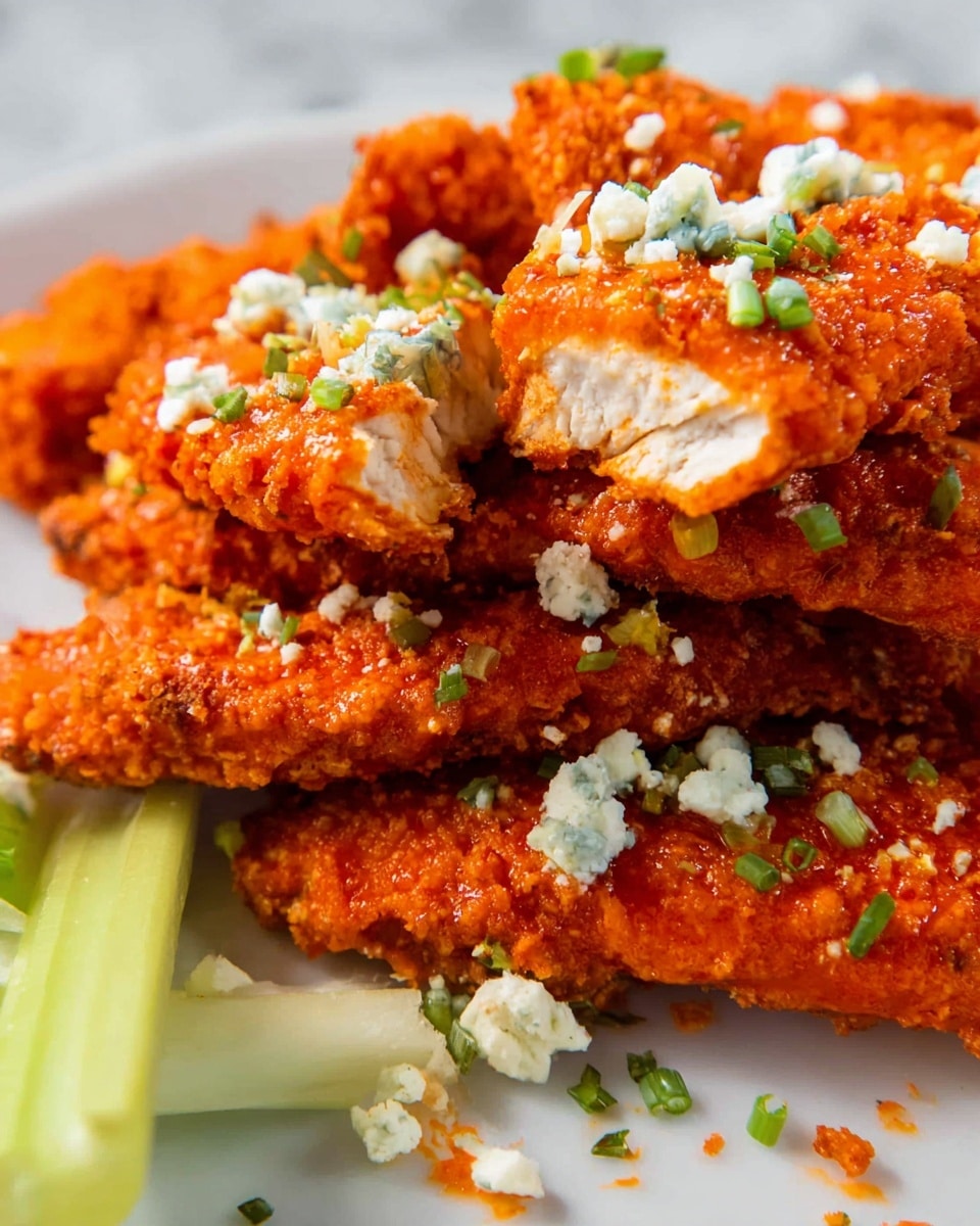 This image shows a close-up of crispy fried chicken strips stacked on a white plate. The chicken strips have a bright orange-red breaded layer, covered in a spicy sauce. On top, there are small white crumbles of cheese and green chopped chives scattered across the strips. One chicken strip is broken in half, revealing a white, tender inside. Next to the chicken strips on the plate are pale green celery sticks, slightly out of focus. The whole scene sits on a white marbled texture. photo taken with an iphone --ar 4:5 --v 7