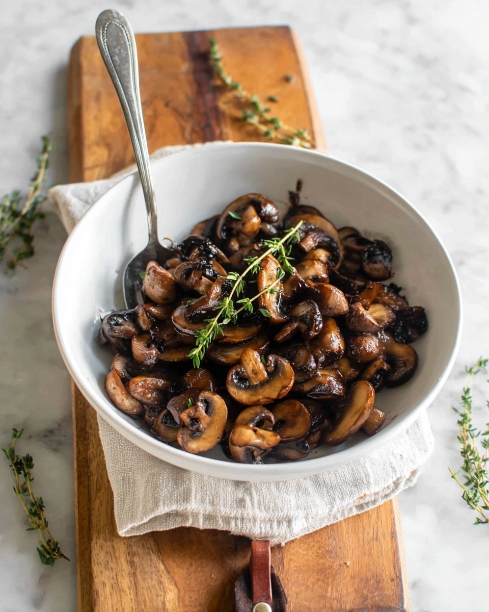 A white bowl filled with cooked sliced mushrooms that are deep brown and slightly shiny, with a few green sprigs of thyme resting on top. The bowl sits on a folded off-white cloth napkin, placed on a wooden cutting board with a leather strap. A silver spoon is inside the bowl, angled toward the front. The background is a white marbled surface with scattered small thyme sprigs around. Photo taken with an iphone --ar 4:5 --v 7