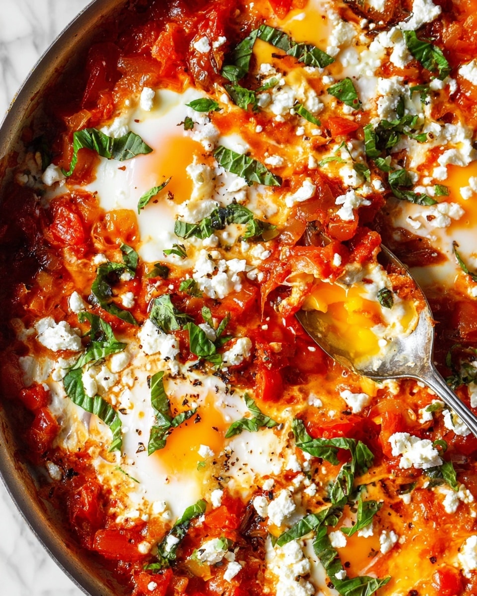 The image shows a close-up view of a shakshuka dish with four poached eggs nestled in a thick, chunky tomato sauce spread evenly across a cooking pan. The sauce is bright red with visible pieces of diced tomatoes and onions, giving a textured look. The eggs have soft white edges and runny yellow yolks, with one yolk slightly broken and being scooped by a spoon. Crumbled white cheese is scattered generously over the sauce and eggs, adding contrast. Fresh green basil leaves are chopped and spread all over, adding bursts of green color. The pan sits on a white marbled surface. photo taken with an iphone --ar 4:5 --v 7