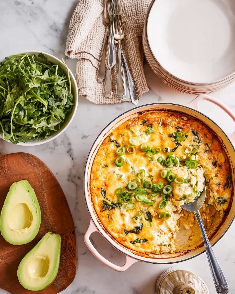 The image shows a cheesy baked dish in a white round pan with light pink handles, topped with melted golden cheese and sprinkled with bright green chopped spring onions, with a spoon resting inside and lifting a portion. To the left, a white bowl filled with fresh dark green leafy arugula sits beside a small wooden board holding two neatly sliced halves of an avocado with light green and creamy yellow layers. Above, there are stacked white plates and a neatly folded beige cloth, alongside two forks placed on another set of stacked white plates. All items are arranged on a white marbled surface. Photo taken with an iphone --ar 4:5 --v 7