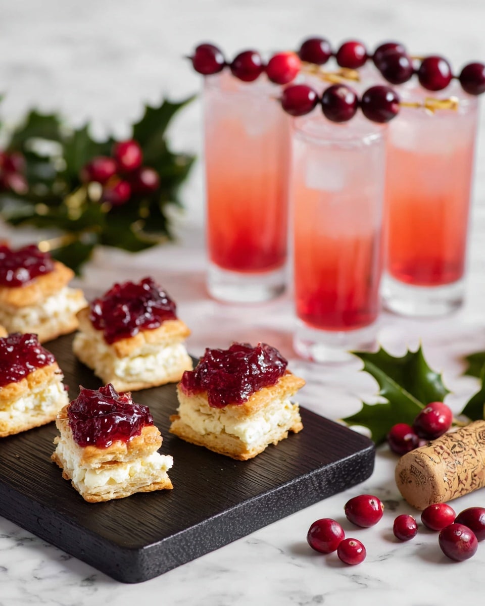 The image shows a black wooden board with two layers of square flaky biscuits as the base, each topped with a creamy white layer of soft cheese and a bright red dollop of cranberry jam on top. In the background, there are tall clear glasses filled with a pale pink to deep red gradient drink, each glass garnished with three dark red cranberries on a skewer resting across the rim. Scattered around the board are fresh red cranberries and a cork on a white marbled surface, with green holly leaves adding a festive touch. photo taken with an iphone --ar 4:5 --v 7