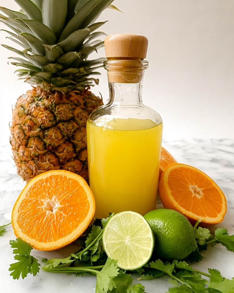 The image shows a clear glass bottle with a wooden stopper filled about three-quarters with yellow juice, standing on a white marbled surface. To the left of the bottle is a whole pineapple with rough yellow and brown skin and green leaves at the top. In front of the bottle and pineapple, there are two orange halves and two lime halves, all showing their juicy, textured inside in bright orange and green colors. Fresh green cilantro leaves lie in the front, creating a vibrant contrast. The background is white, making the colors of the fruits and juice stand out brightly. Photo taken with an iphone --ar 4:5 --v 7