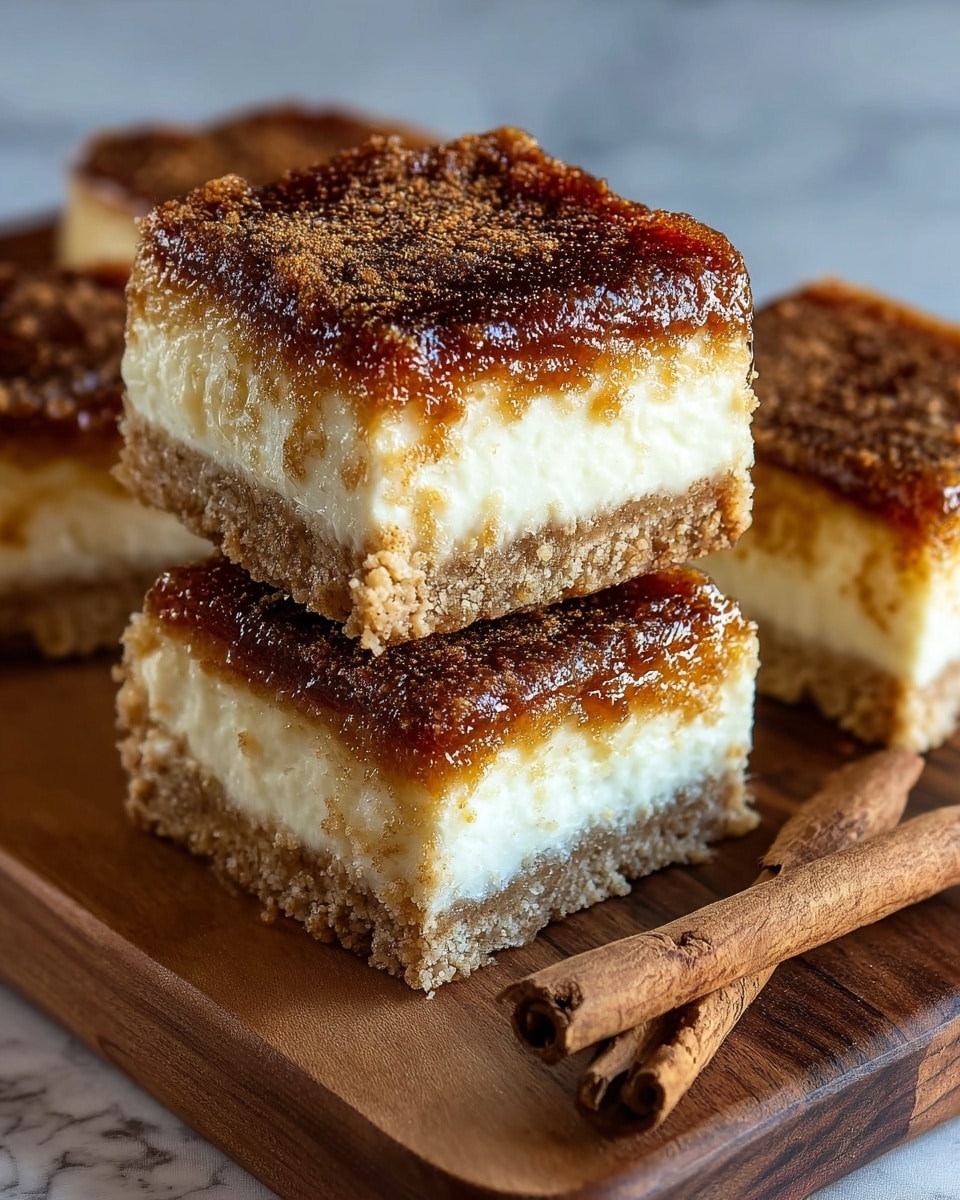 The image shows three square dessert bars stacked on a wooden board, each having three distinct layers. The bottom layer is a light brown crumbly crust, the middle layer is a thick creamy white cheesecake, and the top layer is a dark golden caramelized sugar with a crunchy texture, sprinkled with cinnamon powder. The top piece is slightly raised, showing the gooey texture of the caramel close to the middle creamy layer. The wooden board sits on a white marbled textured surface, with two cinnamon sticks placed to the right side of the board. photo taken with an iphone --ar 4:5 --v 7