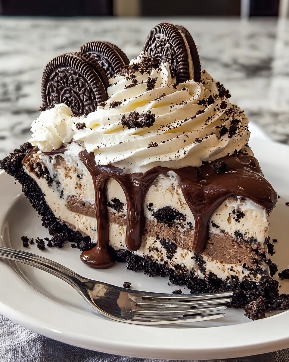 A slice of layered Oreo cream pie on a white plate with a silver fork beside it. The pie has four main layers: a dark crumbly Oreo crust at the bottom, a thick creamy white filling with pieces of Oreo, a thin dark Oreo layer in the middle, and another thick creamy layer topped with dark chocolate sauce dripping down the sides. On top is a large swirl of white whipped cream sprinkled with Oreo crumbs, decorated with several whole Oreo cookies standing upright and laying on the whipped cream. The background shows a white marbled texture. photo taken with an iphone --ar 4:5 --v 7