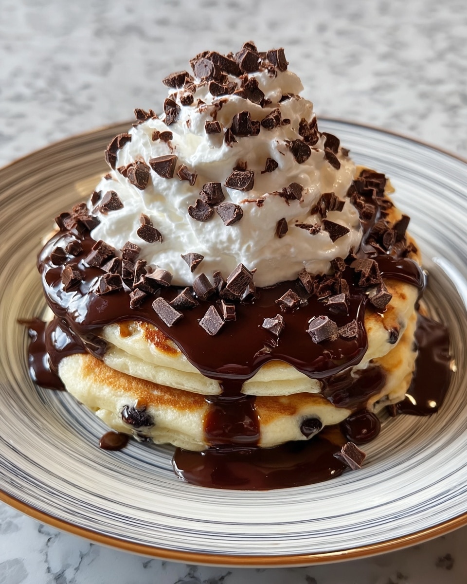 A stack of three golden-brown pancakes with visible dark chocolate chips inside each layer sits centered on a white plate with subtle gray circles and a brown rim. The top pancake is covered with thick, glossy dark chocolate syrup that drips down the sides. A large dollop of white whipped cream sits on top of the stack, sprinkled with small and roughly chopped dark chocolate pieces and extra chocolate chips scattered over the whipped cream and syrup. The entire scene is set against a white marbled texture surface. photo taken with an iphone --ar 4:5 --v 7