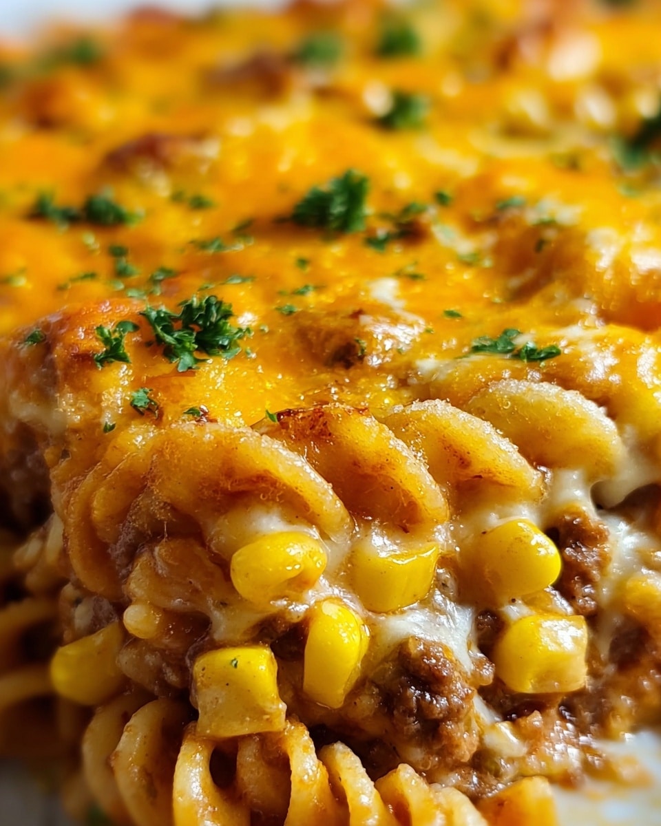 The image shows a close-up of a baked casserole with three main layers. The bottom layer has spiral pasta mixed with small pieces of ground meat, visible in the foreground. The middle layer includes many whole yellow corn kernels distributed evenly. The top layer is a thick, melted orange cheese that covers the entire surface, with some browning spots and small green parsley flakes sprinkled on top, adding contrast. The texture looks gooey and creamy with a slight shine from the melted cheese. Photo taken with an iphone --ar 4:5 --v 7