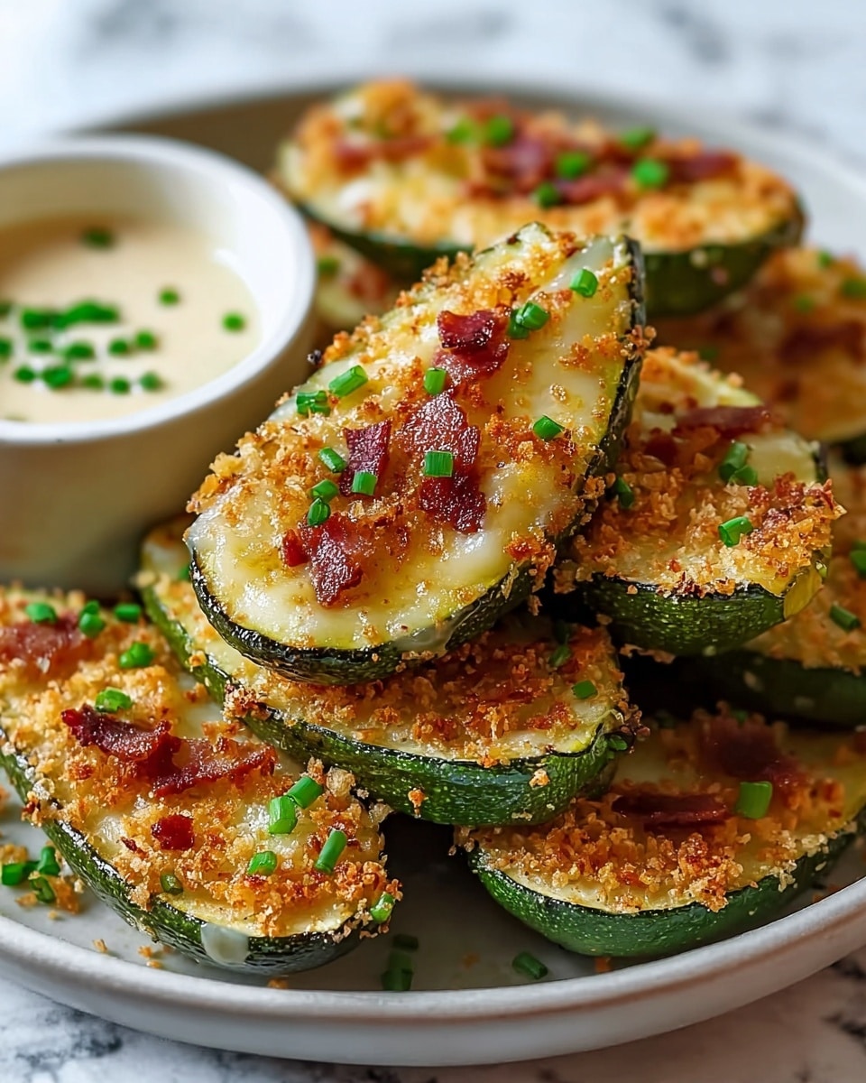 This image shows a close-up of several slices of baked zucchini topped with a golden brown crust of melted cheese and crispy breadcrumbs, sprinkled with bright green chopped chives and small reddish bits of bacon. The zucchini slices have a soft, creamy filling inside their green skin, giving a mix of smooth and crunchy textures. They are stacked on a round white bowl, and to the side is a small white bowl of creamy dipping sauce with green chive pieces on top. The background is a white marbled texture. photo taken with an iphone --ar 4:5 --v 7