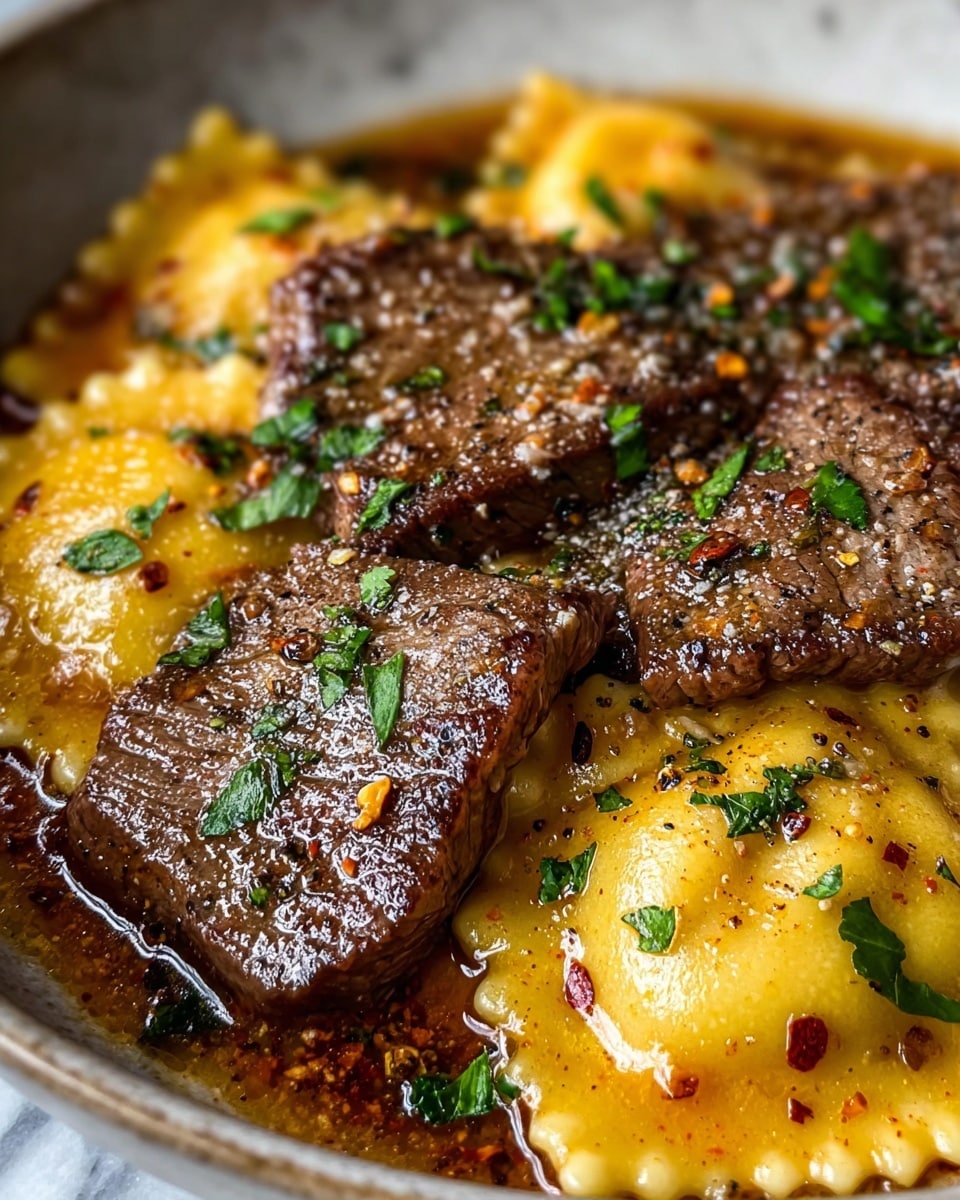 The image shows a close-up of a dish with two main layers: the base layer is golden yellow ravioli with ruffled edges, covered in a shiny, rich brown sauce, and the top layer has several thick, grilled pieces of brown steak, seasoned with ground black pepper and small green parsley leaves scattered across the dish. The sauce glistens around the ravioli and steak, adding a moist texture, while coarse salt and crushed red pepper flakes are sprinkled on top, enhancing the vibrant colors. The whole scene is set against a white marbled texture background. photo taken with an iphone --ar 4:5 --v 7