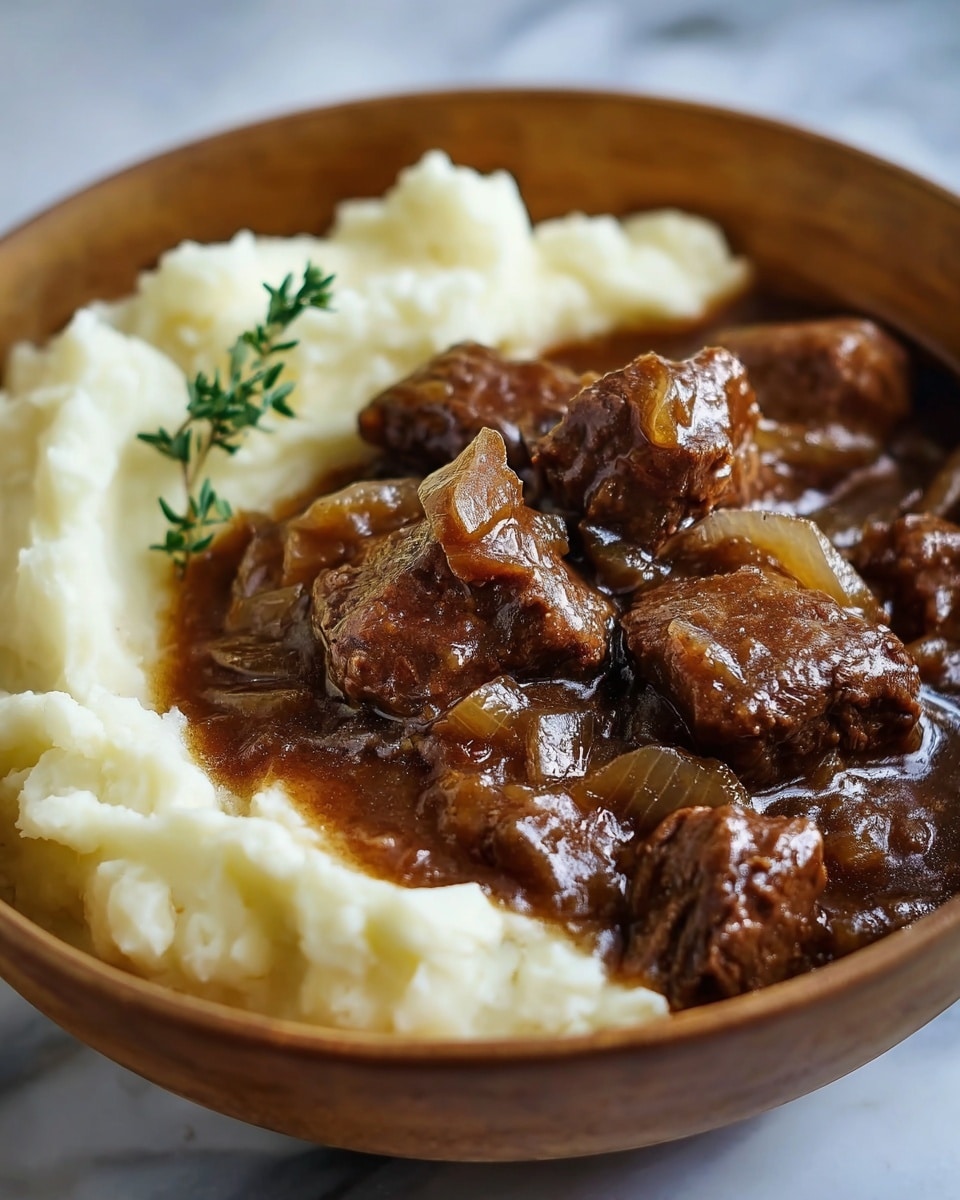 A white bowl filled with two main layers: the bottom layer is creamy, smooth mashed potatoes in a soft white color, shaped with peaks; the top layer contains chunks of brown, tender beef covered in a thick, glossy brown gravy with translucent cooked onions mixed throughout, garnished with a small sprig of green thyme placed on top. The bowl is placed on a white marbled surface. photo taken with an iphone --ar 4:5 --v 7